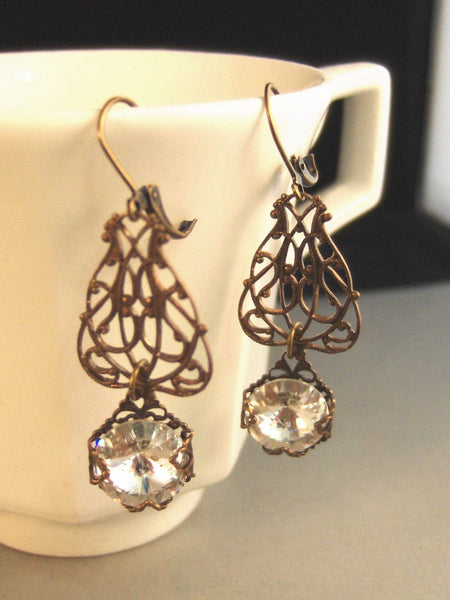 Esme,Brass Earrings,Filigree,Diamond Swarovski,Wrapped,Bride,Victorian,Vintage Style.  Handmade Jewelery by Valleygirldesigns on Etsy.