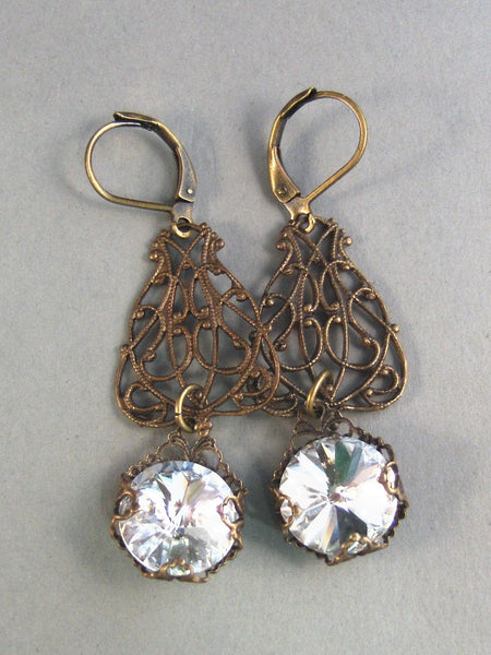 Esme,Brass Earrings,Filigree,Diamond Swarovski,Wrapped,Bride,Victorian,Vintage Style.  Handmade Jewelery by Valleygirldesigns on Etsy.