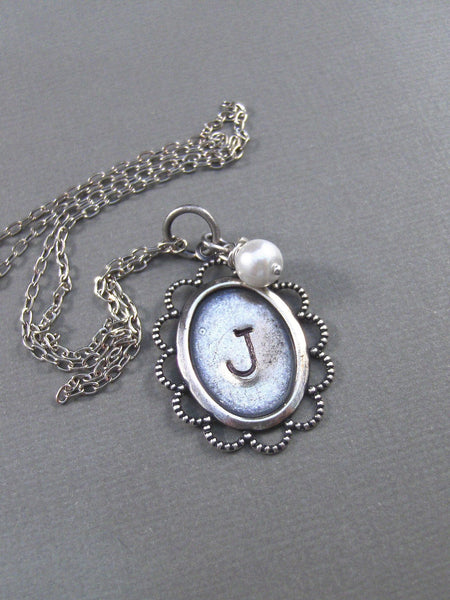 Pearl,Silver Necklace,Antique Necklace,Hand Stamped,Personalize,Pearl,Charm,Lace,Wedding. Handmade jewelery by valleygirldesigns.