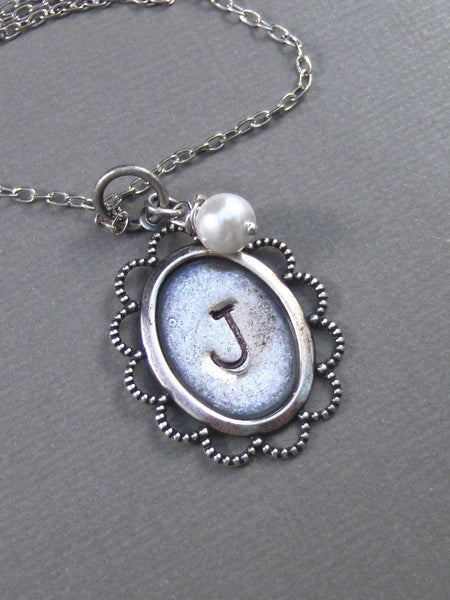 Pearl,Silver Necklace,Antique Necklace,Hand Stamped,Personalize,Pearl,Charm,Lace,Wedding. Handmade jewelery by valleygirldesigns.