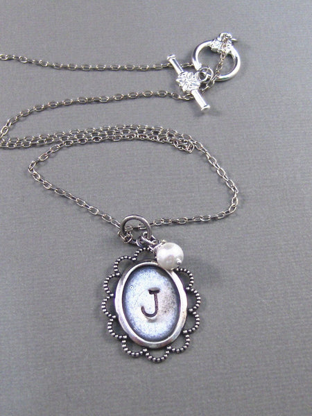 Pearl,Silver Necklace,Antique Necklace,Hand Stamped,Personalize,Pearl,Charm,Lace,Wedding. Handmade jewelery by valleygirldesigns.