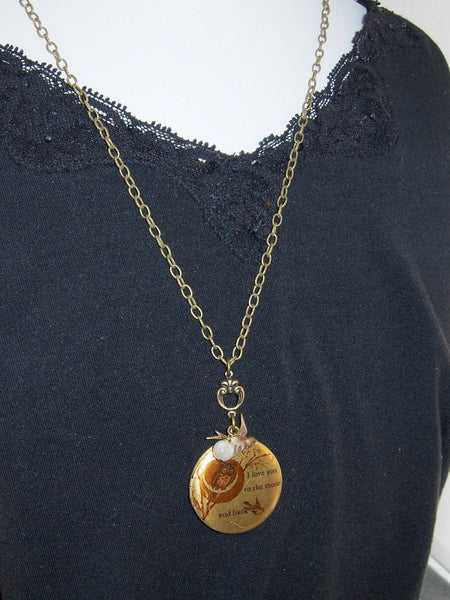 Moonlight Owl,Brass Locket,Quote, Locket,Owl,Love,Bird,Moonstone,Antiqued Locket,Baby. Handmade jewelry by valleygirldesigns.