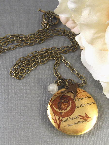 Moonlight Owl,Brass Locket,Quote, Locket,Owl,Love,Bird,Moonstone,Antiqued Locket,Baby. Handmade jewelry by valleygirldesigns.