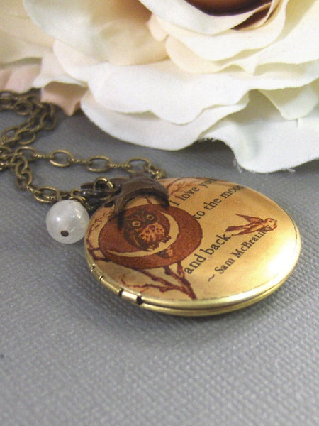Moonlight Owl,Brass Locket,Quote, Locket,Owl,Love,Bird,Moonstone,Antiqued Locket,Baby. Handmade jewelry by valleygirldesigns.