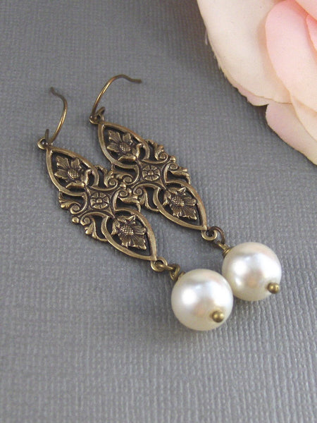 Pippa, Pearl Earrings,Brass Earrings,Antiqued Earrings,Pearl,White,Ivory,Antique Silver. Handmade jewelry by valleygirldesigns.