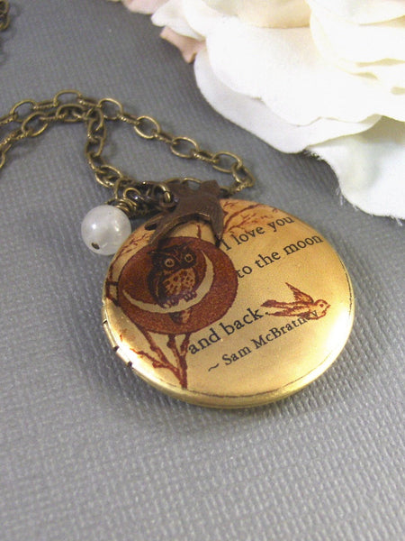 Moonlight Owl,Brass Locket,Quote, Locket,Owl,Love,Bird,Moonstone,Antiqued Locket,Baby. Handmade jewelry by valleygirldesigns.