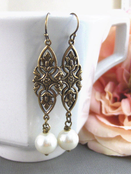 Pippa, Pearl Earrings,Brass Earrings,Antiqued Earrings,Pearl,White,Ivory,Antique Silver. Handmade jewelry by valleygirldesigns.