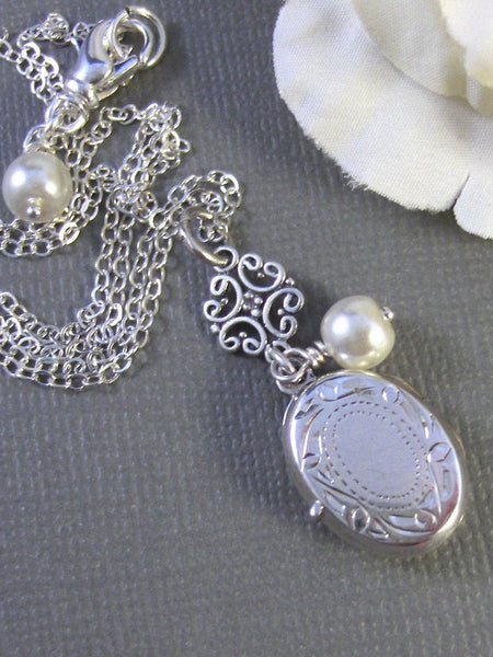 SALE Gabrielle,Locket,Silver Locket,Sterling Silver Locket,Sterling Silver,Pearl,Wedding Jewelry.Pearl Necklace,delicatevalleygirldesigns.
