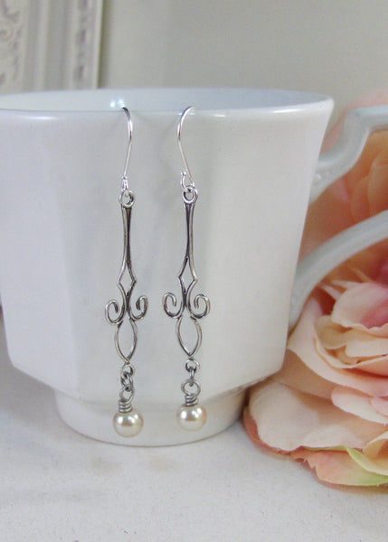 Brook,Pearl Earrings,Silver Earrings,Filigree Earrings, Earrings, Champagne,Wedding,Ivory,Antique. Handmade jewelery by valleygirldesigns.