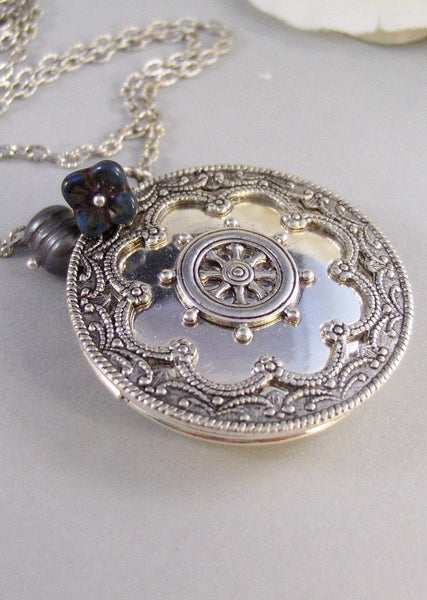 Ariels Grotto, Locket,Silver Locket,Antique Locket,Flower Locket.,Ship,Wheel,Blue, Flower. Handmade Jewelry by ValleyGirlDesigns.