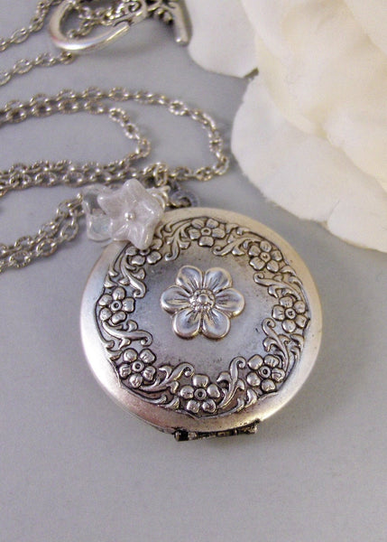 Enchanted,Locket,Silver Locket,Flower,White,Crystal,Antique Locket,Floral,Jewelry. Handmade jewelry by valleygirldesigns.