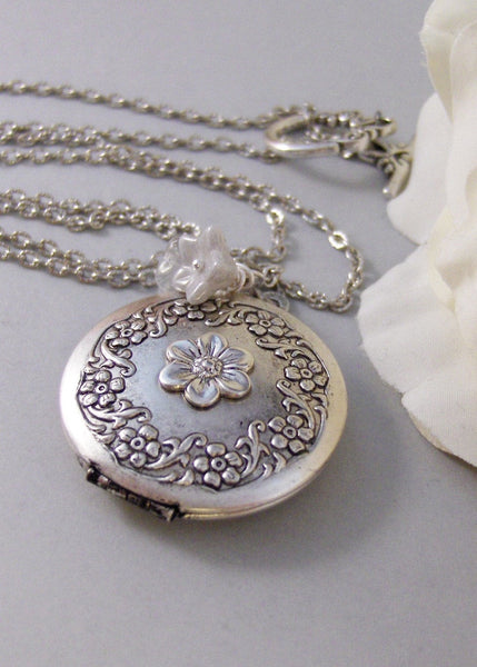Enchanted,Locket,Silver Locket,Flower,White,Crystal,Antique Locket,Floral,Jewelry. Handmade jewelry by valleygirldesigns.