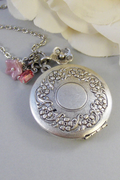 Petal,Locket,Silver,Flower,Antiqued,Blush,Brass,Pink,Vintage Rhinestone.Jewelery by Valleygirldesigns.