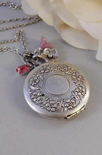 Petal,Locket,Silver,Flower,Antiqued,Blush,Brass,Pink,Vintage Rhinestone.Jewelery by Valleygirldesigns.