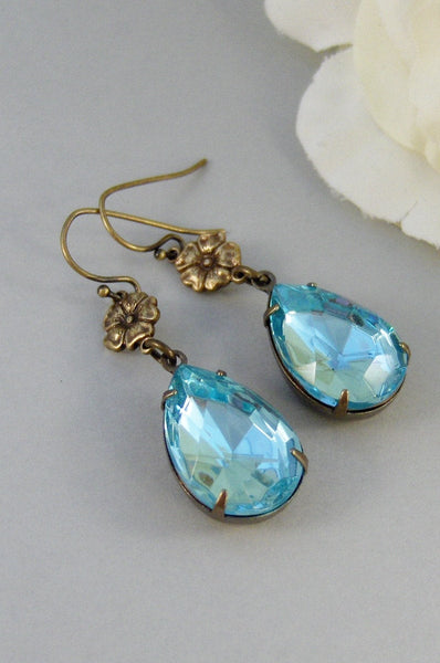 Moonflower,Vintage Earrings,Aquamarine Earrings,Brass Earrings,Aquamarine,March,Earrings,Blue. Handmade Jewelry by valleygirldesigns.