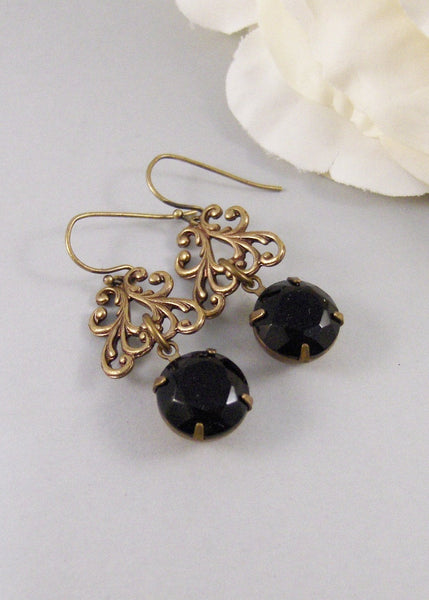 SALE Gemma,Earring,Vintage Earrings,Black Rhinestone, Earrings,Rhinestone,Brass Earrings.Handmade jewelry by Valleygirldesigns.