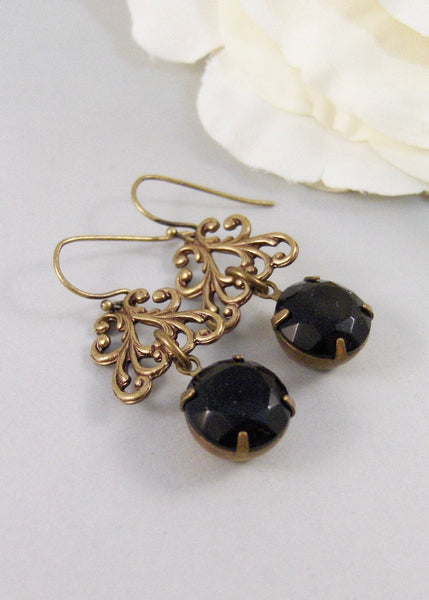 SALE Gemma,Earring,Vintage Earrings,Black Rhinestone, Earrings,Rhinestone,Brass Earrings.Handmade jewelry by Valleygirldesigns.