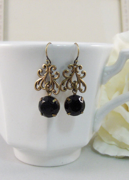 SALE Gemma,Earring,Vintage Earrings,Black Rhinestone, Earrings,Rhinestone,Brass Earrings.Handmade jewelry by Valleygirldesigns.