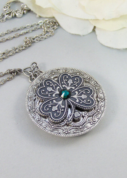 Irish Shamrock,Locket,Shamrock,Antique Locket,Silver Locket,Clover,Luck,Irish,Lucky, Shamrock,Love. Handmade jewelry by valleygirldesigns