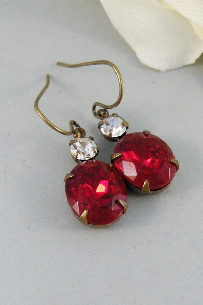 Ruby Red,Vintage Earrings,Ruby Earrings,Brass Earrings,Ruby,Birthstone,Earrings,Diamond. Handmade Jewelry by valleygirldesigns.