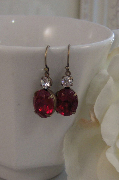 Ruby Red,Vintage Earrings,Ruby Earrings,Brass Earrings,Ruby,Birthstone,Earrings,Diamond. Handmade Jewelry by valleygirldesigns.