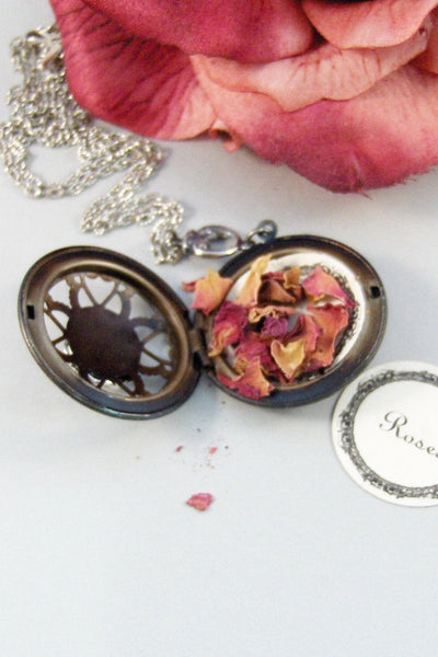 SALE Scented Rose,Locket,Silver,Apothecary,Rose,Pink,Love,Antique Locket,Floral,Jewelry. Handmade jewelry by valleygirldesigns.