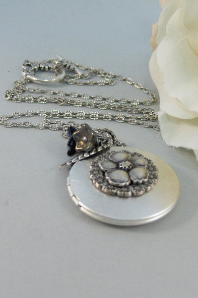 Fairy Bloom,Locket,Silver Locket,Blossom,Flower,Blue,Fairy,Antique Locket,Night,Floral,Jewelry. Handmade jewelry by valleygirldesigns.