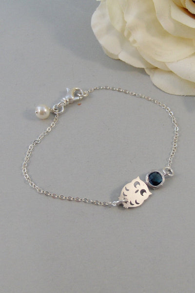 Sapphire Moon,Bracelet,Bridesmaid,Sterling Silver,Owl,Silver,Sapphire,Silver Bracelet,Pearl,Wedding. Handmade jewelry by valleygirldesigns.