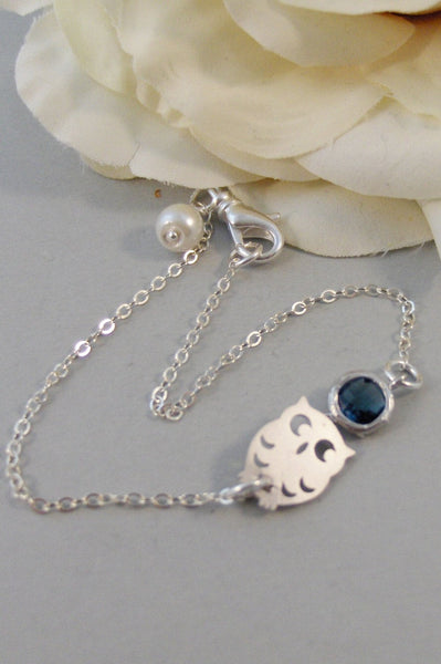 Sapphire Moon,Bracelet,Bridesmaid,Sterling Silver,Owl,Silver,Sapphire,Silver Bracelet,Pearl,Wedding. Handmade jewelry by valleygirldesigns.
