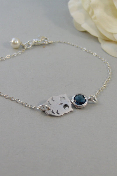 Sapphire Moon,Bracelet,Bridesmaid,Sterling Silver,Owl,Silver,Sapphire,Silver Bracelet,Pearl,Wedding. Handmade jewelry by valleygirldesigns.