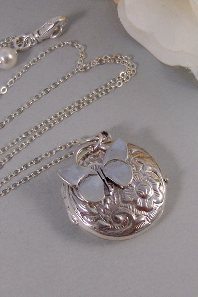 Summer Flutter,Locket,Silver Locket,Necklace,Sterling Silver Locket,Butterfly,Wing,Wedding,Leaf. Jewelry by valleygirldesigns.