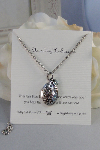 Key To Your Success,Necklace,Locket,Silver,Key Necklace,Key,Birthstone,Personalize,Silver Locket,Antique.Jewelry by valleygirldesigns.
