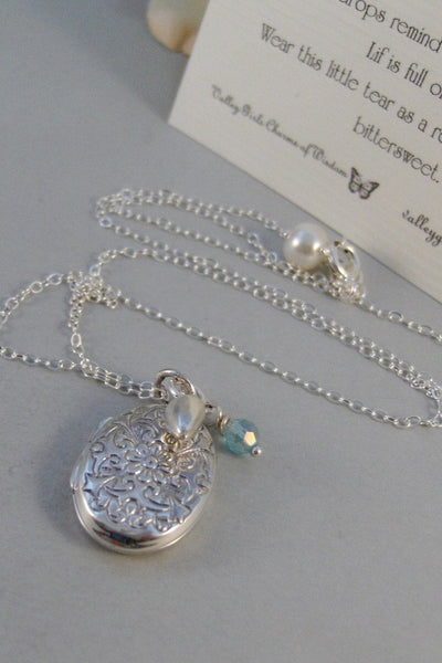 Silver Teardrop,Necklace,Locket,Silver,Mourning,Mourning Locket,Birthstone,Personalize,Silver Locket,Tear,Tiffany.Jewelry valleygirldesigns.