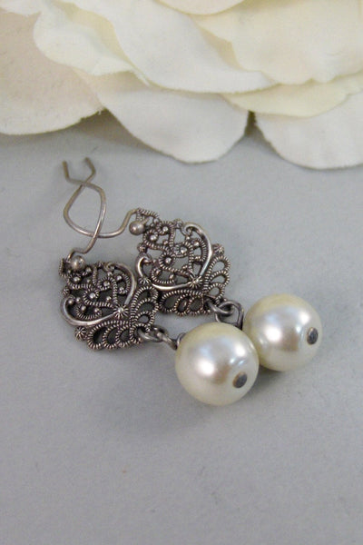 SALE Allie,Silver Earrings,Pearl,Antique,Vintage Style,Wedding,Bride,Antique Earrings,Pearl Earrings. Handmade jewelery by valleygirldesign