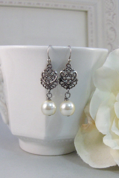 SALE Allie,Silver Earrings,Pearl,Antique,Vintage Style,Wedding,Bride,Antique Earrings,Pearl Earrings. Handmade jewelery by valleygirldesign