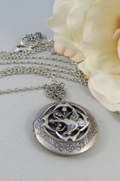 Sparrow Queen,Locket,Silver Locket,Flower,Bird,Sparrow,Sparrow Jewelry,Antique Locket,Floral,Jewelry. Handmade jewelry by valleygirldesigns.