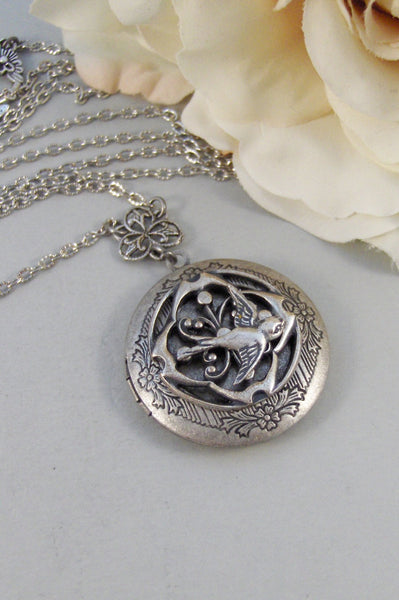 Sparrow Queen,Locket,Silver Locket,Flower,Bird,Sparrow,Sparrow Jewelry,Antique Locket,Floral,Jewelry. Handmade jewelry by valleygirldesigns.