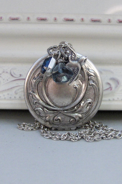 Sparrows Maiden,Locket,Silver Locket,Flower,Blue,Sapphire,Birthstone,Bird,Antique Locket,Floral,Jewelry.Jewelry by valleygirldesigns.