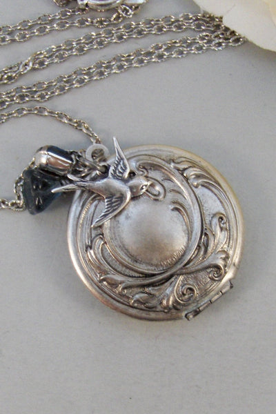 Sparrows Maiden,Locket,Silver Locket,Flower,Blue,Sapphire,Birthstone,Bird,Antique Locket,Floral,Jewelry.Jewelry by valleygirldesigns.