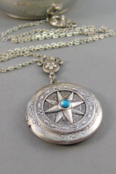 Birthstone Traveler,Locket,Silver Locket,Compass,Directioin,Map,Antique Locket,Bird,Personalize,Birthstone. jewelry by valleygirldesigns.