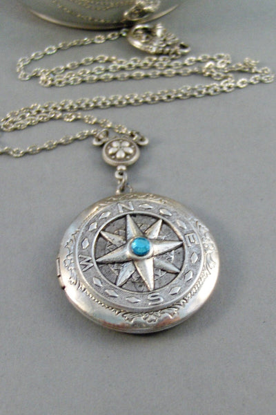 Birthstone Traveler,Locket,Silver Locket,Compass,Directioin,Map,Antique Locket,Bird,Personalize,Birthstone. jewelry by valleygirldesigns.