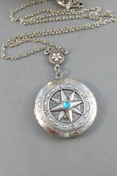 Birthstone Traveler,Locket,Silver Locket,Compass,Directioin,Map,Antique Locket,Bird,Personalize,Birthstone. jewelry by valleygirldesigns.