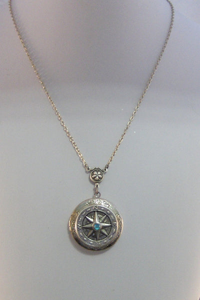 Birthstone Traveler,Locket,Silver Locket,Compass,Directioin,Map,Antique Locket,Bird,Personalize,Birthstone. jewelry by valleygirldesigns.