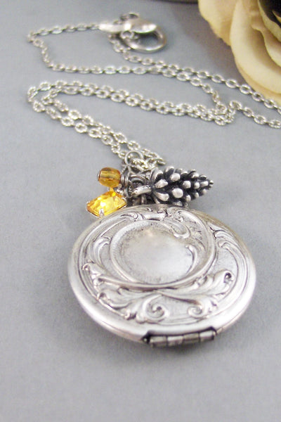 November Maiden,Locket,Silver Locket,Topaz,November Birthday,Birthstone,Birthstone Necklace,Pinecone,Vintage Rhinestone,Valleygirldesigns