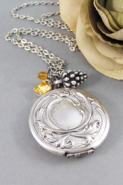 November Maiden,Locket,Silver Locket,Topaz,November Birthday,Birthstone,Birthstone Necklace,Pinecone,Vintage Rhinestone,Valleygirldesigns