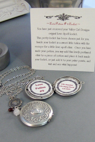 SALE/Love Potion #9,Locket,Silver,Garnet,Red,Ruby,Love Spell,Perfume,Antique Locket,Jewelry,Scent. Handmade jewelry by valleygirldesigns.