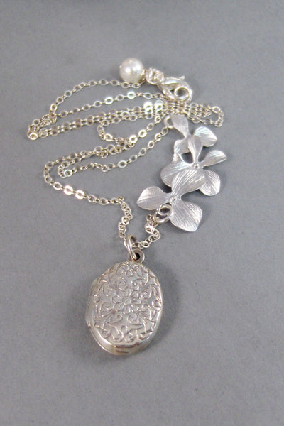 Sterling Orchids,Locket,Necklace,Silver Locket,Sterling Silver Locket,Orchid Necklace,Orchid,Flower Necklace,Flower . valleygirldesigns.