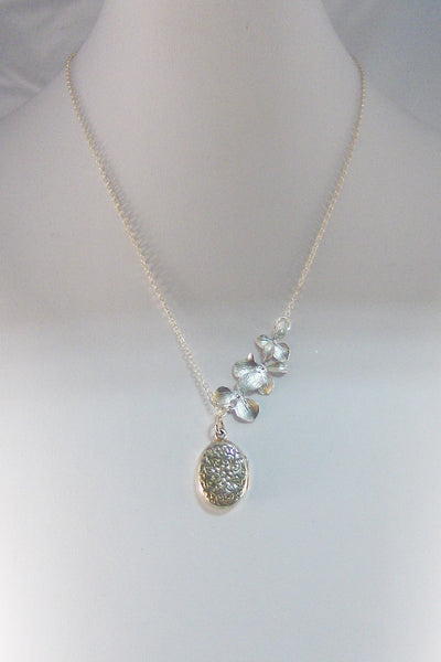 Sterling Orchids,Locket,Necklace,Silver Locket,Sterling Silver Locket,Orchid Necklace,Orchid,Flower Necklace,Flower . valleygirldesigns.
