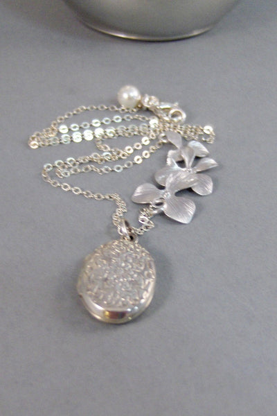Sterling Orchids,Locket,Necklace,Silver Locket,Sterling Silver Locket,Orchid Necklace,Orchid,Flower Necklace,Flower . valleygirldesigns.