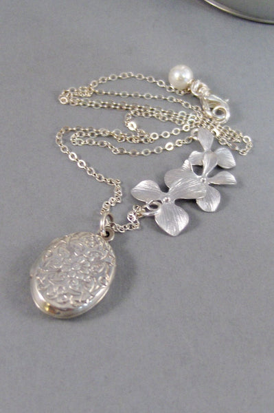Sterling Orchids,Locket,Necklace,Silver Locket,Sterling Silver Locket,Orchid Necklace,Orchid,Flower Necklace,Flower . valleygirldesigns.